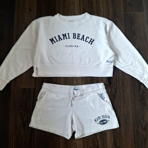 💙 Sea LaLa Printed Cropped Sweatshirt Shorts Set Size M 100% Cotton Lounge Athl - Picture 4 of 8